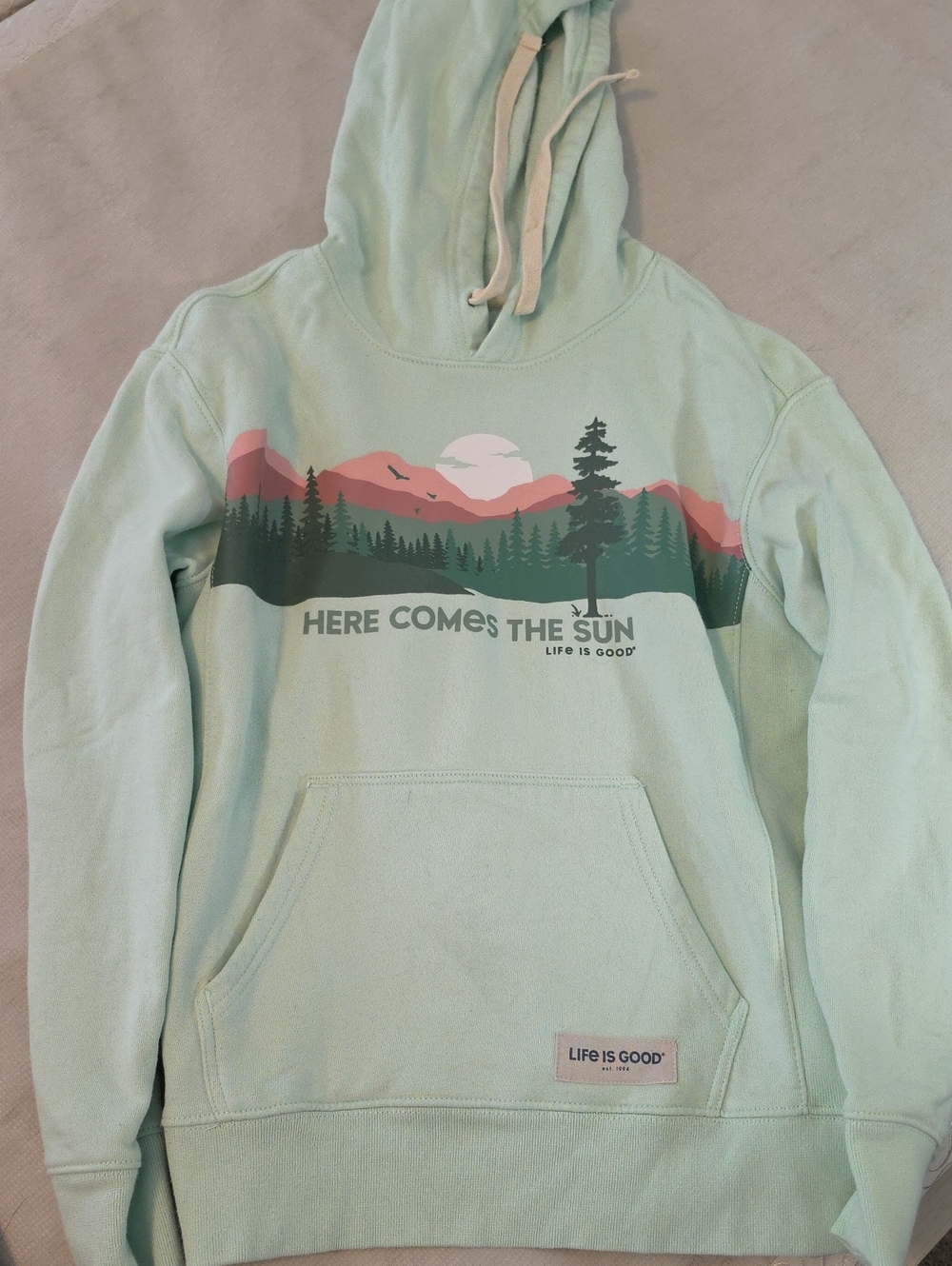 Life Is Good Mint Green Crewneck with Mountain Sunrise Graphic